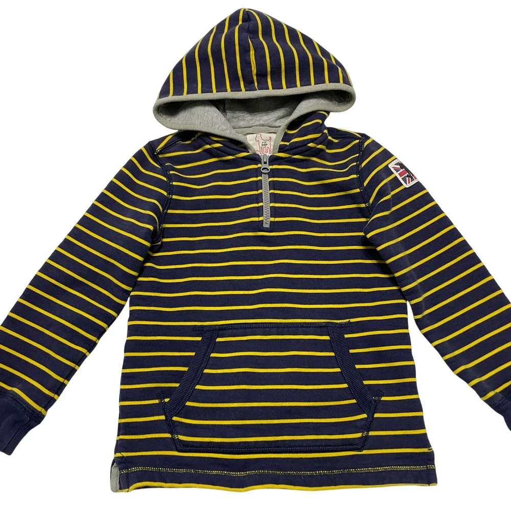 Mini Boden Boys Hoodie Sweatshirt Pullover 5-6Y Striped Fleece Lined Navy Yellow